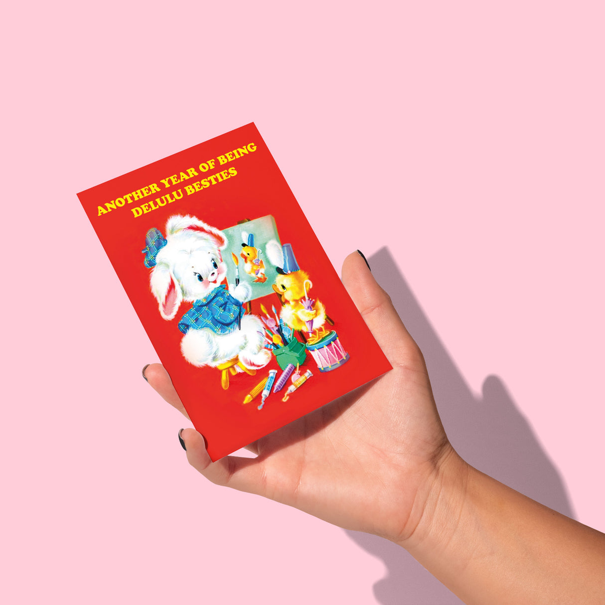 Another year of being delulu besties verjaardagskaart met konijn en eend-Ansichtkaarten-Vin-Studio Inktvis