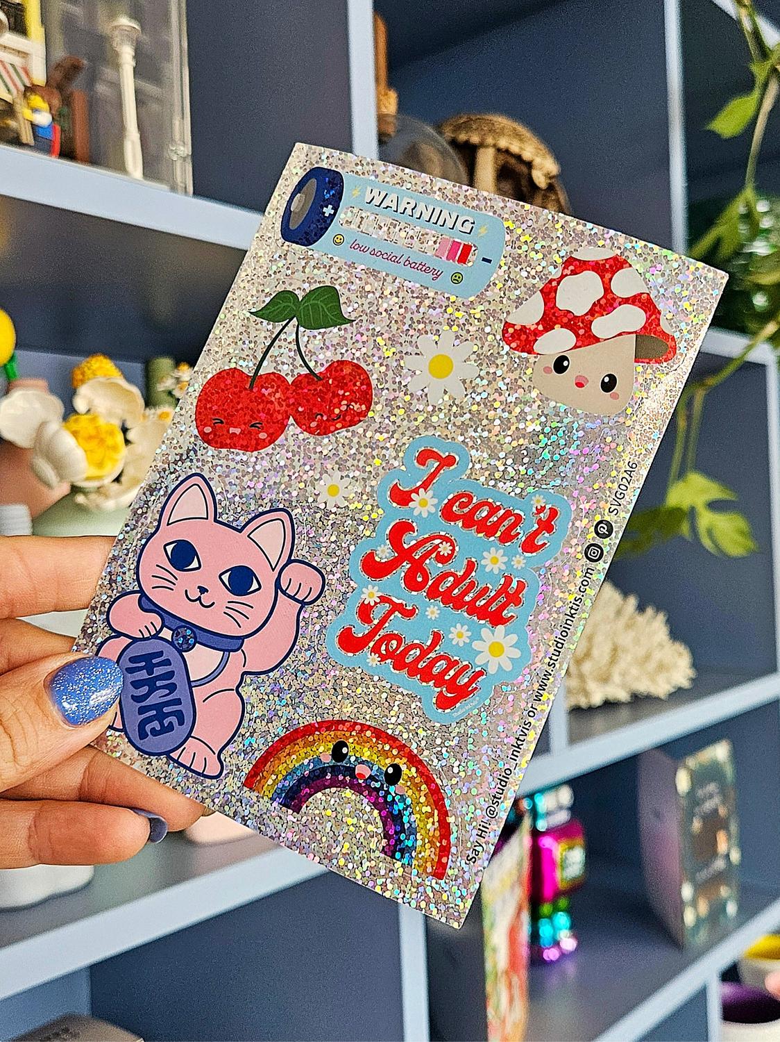 Glitter stickervel Maneki Neko, bloemen en meer-Stickers-Txt-Studio Inktvis