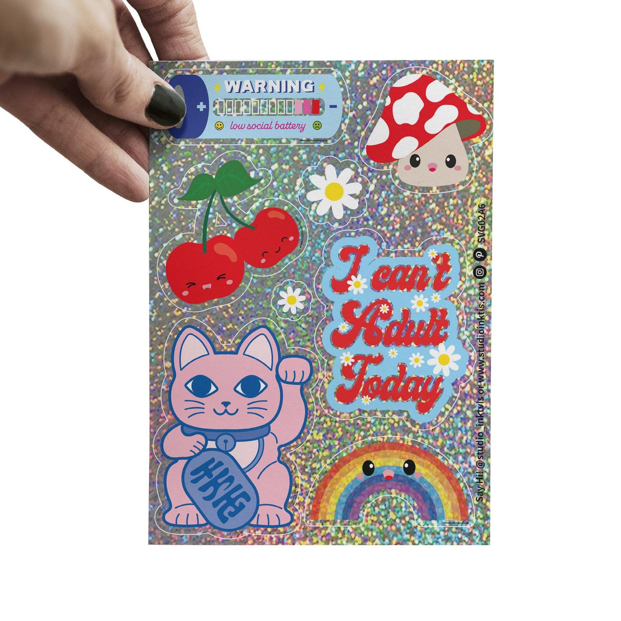 Glitter stickervel Maneki Neko, bloemen en meer-Stickers-Txt-Studio Inktvis