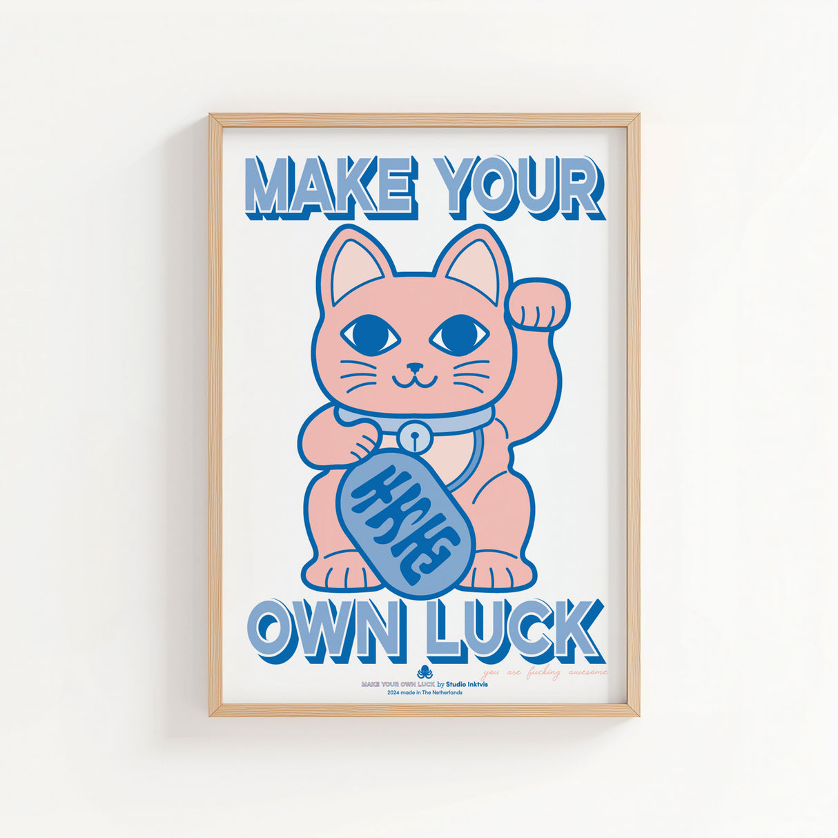 Riso poster A3 Maneki Neko blauw roze