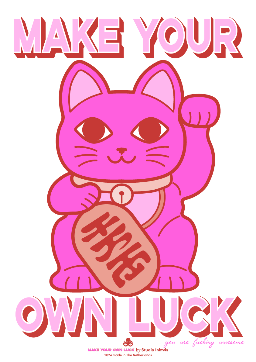 Riso poster A3 Maneki Neko neon roze