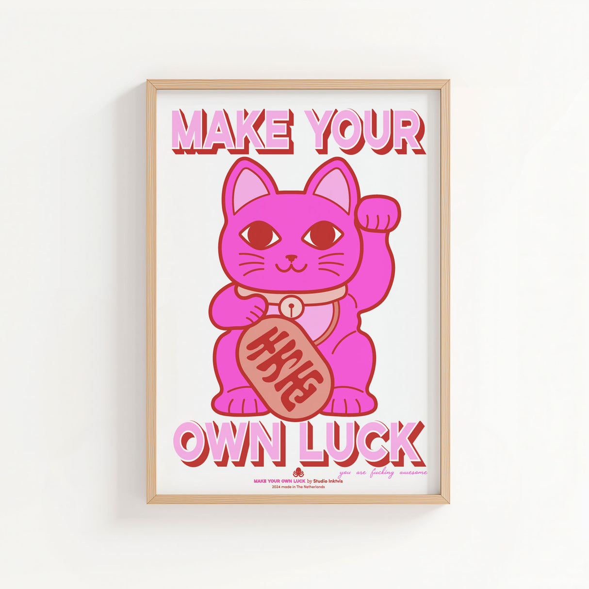 Riso poster A3 Maneki Neko neon roze rood