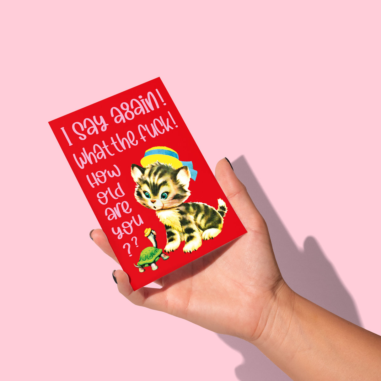 WTF How old ? verjaardagskaart poes en schildpad-Ansichtkaarten-Vin-Studio Inktvis