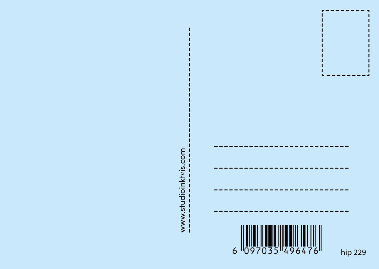 Light blue postcard back with address lines, stamp box, barcode, and "www.studioinktvis.com".
