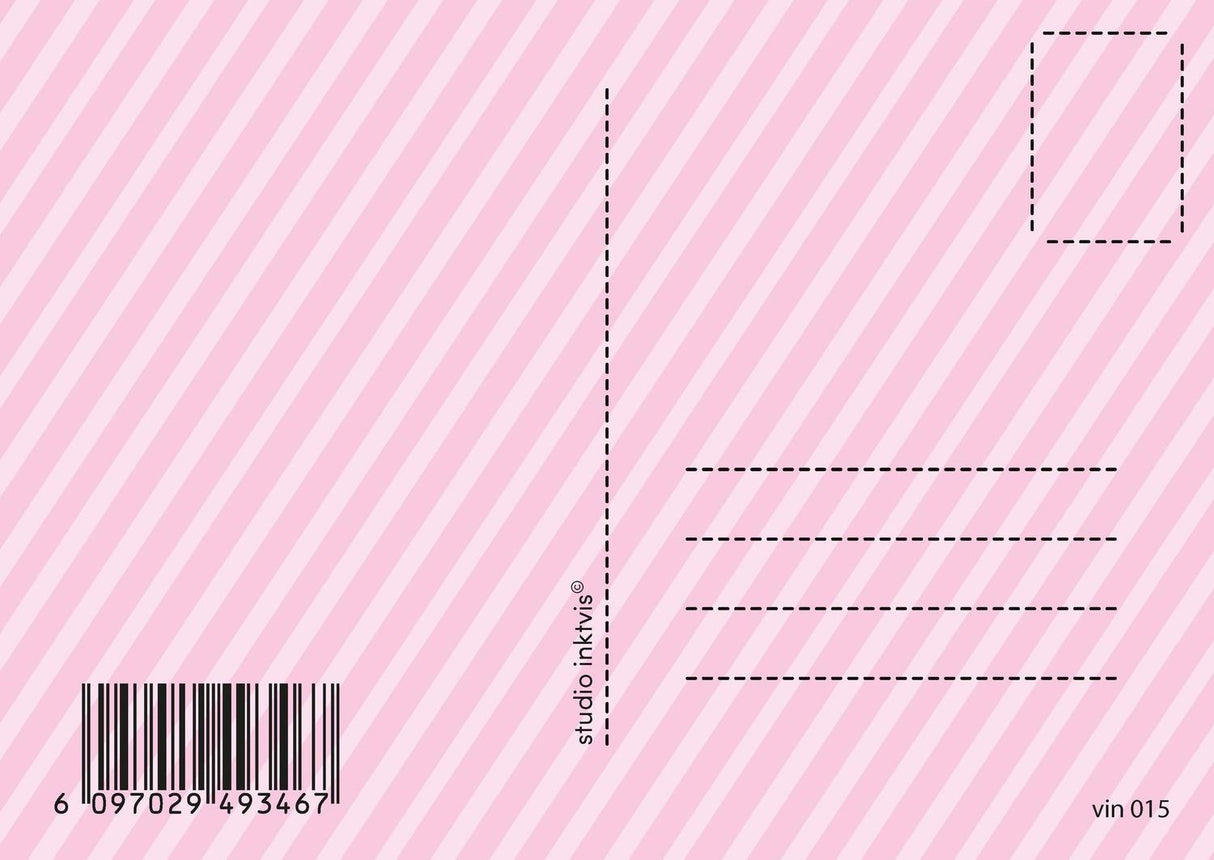 Roze vintage verjaardagskaart achterkant met diagonale strepen, adreslijnen en barcode.