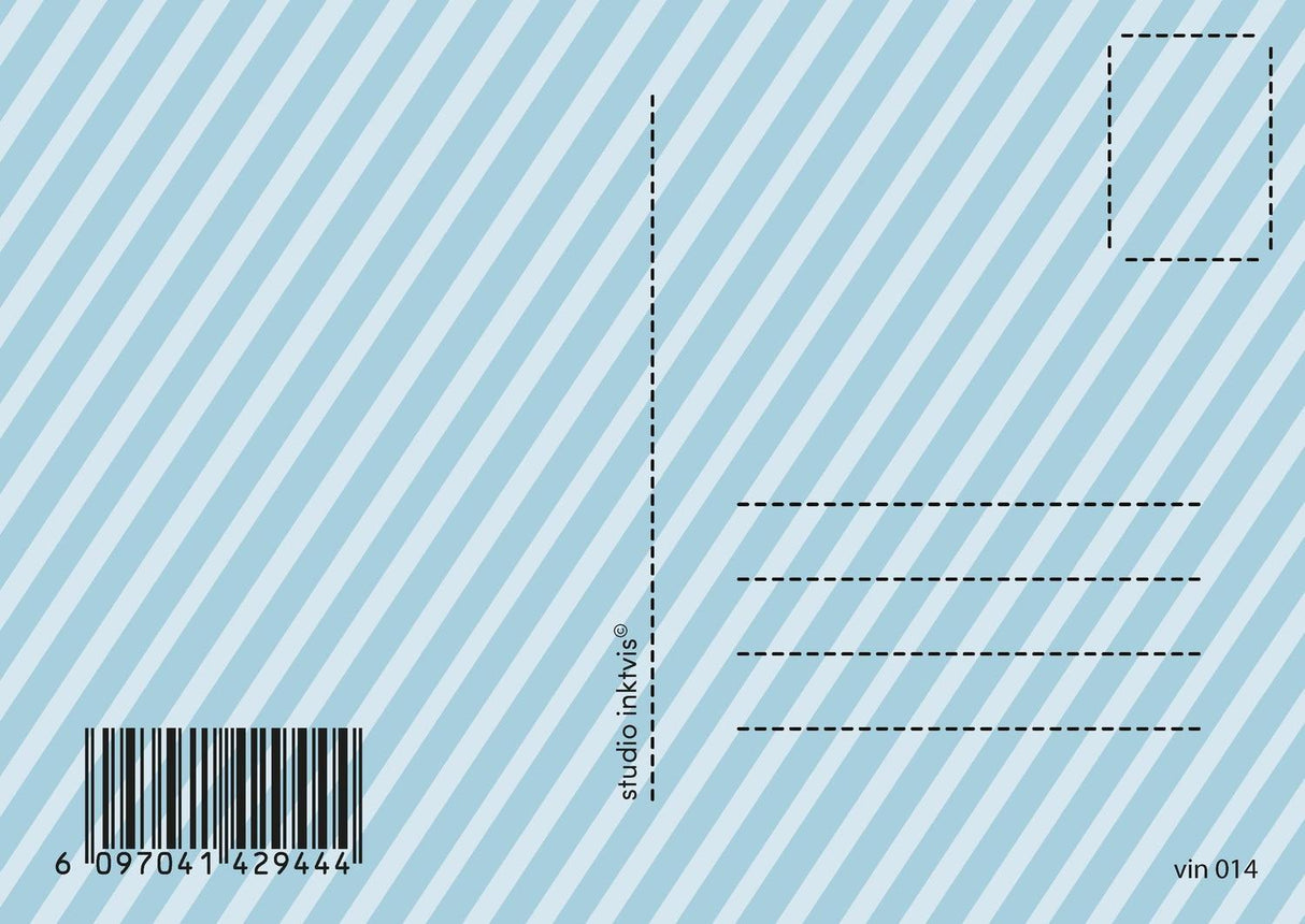 Achterkant van een vintage verjaardagskaart met blauw-witte strepen, barcode en adreslijnen.