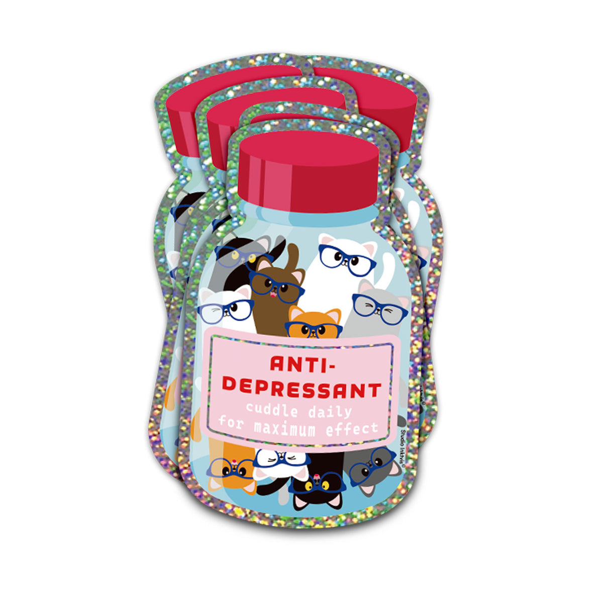Holografische glitter sticker van een potje met vrolijke katten met brillen, labelt "Anti-Depressant".
