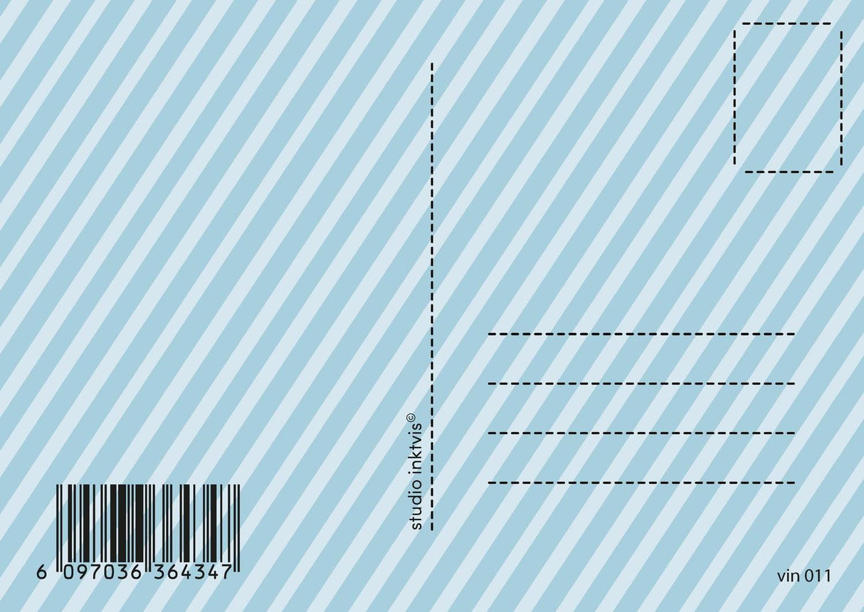 Achterkant van een lichtblauwe vintage verjaardagskaart met diagonale strepen, adreslijnen, postzegelkader en barcode.