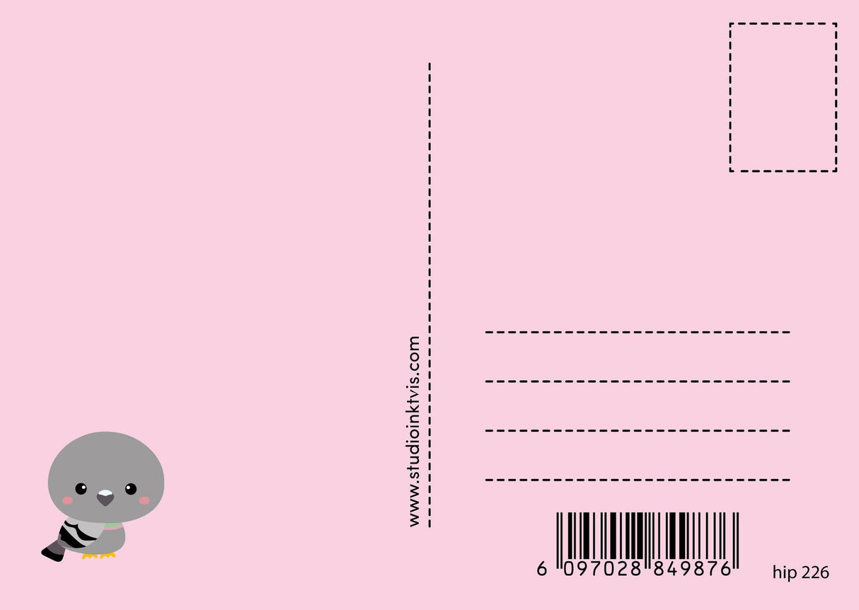 Pink postcard back with a cute grey bird, address lines, stamp box, barcode, and "www.studioinktvis.com".