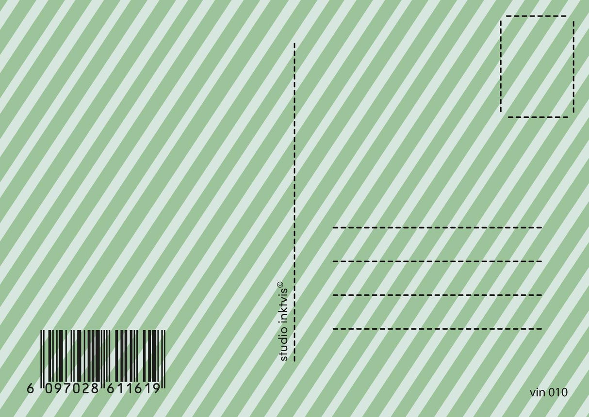 Achterkant van een vintage kerstkaart met groene diagonale strepen, adreslijnen en barcode.