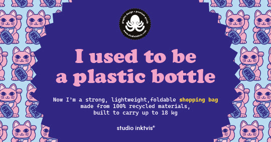 Blue rPET shopping bag with pink Maneki Neko pattern and "I used to be a plastic bottle" text.