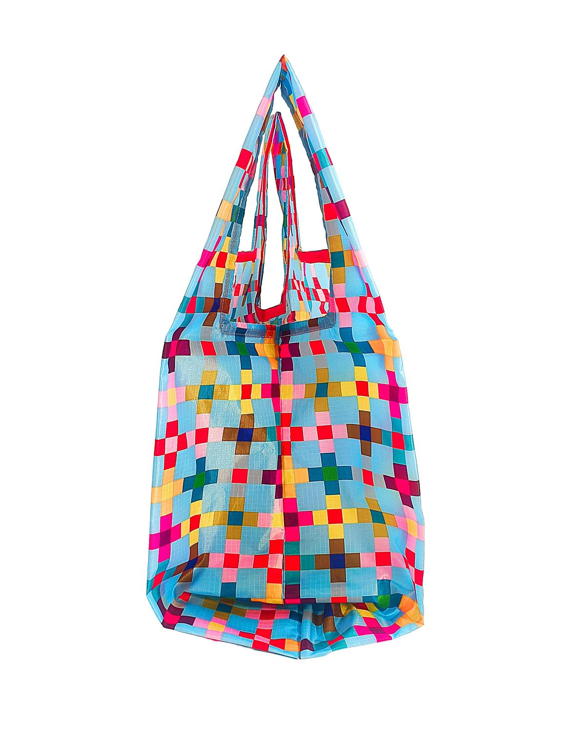 Colorful rPET reusable shopping bag with a vibrant pixel party geometric pattern.