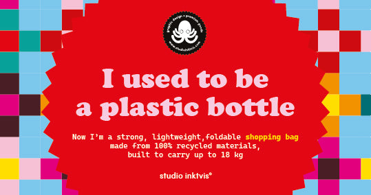 Red banner with "I used to be a plastic bottle" over a colorful pixelated background.