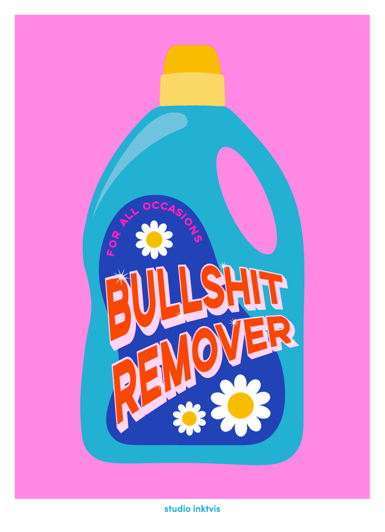 Kleurrijke 13x18 cm Risograph art print van een blauwe Bullshit Remover fles met madeliefjes op een roze achtergrond.