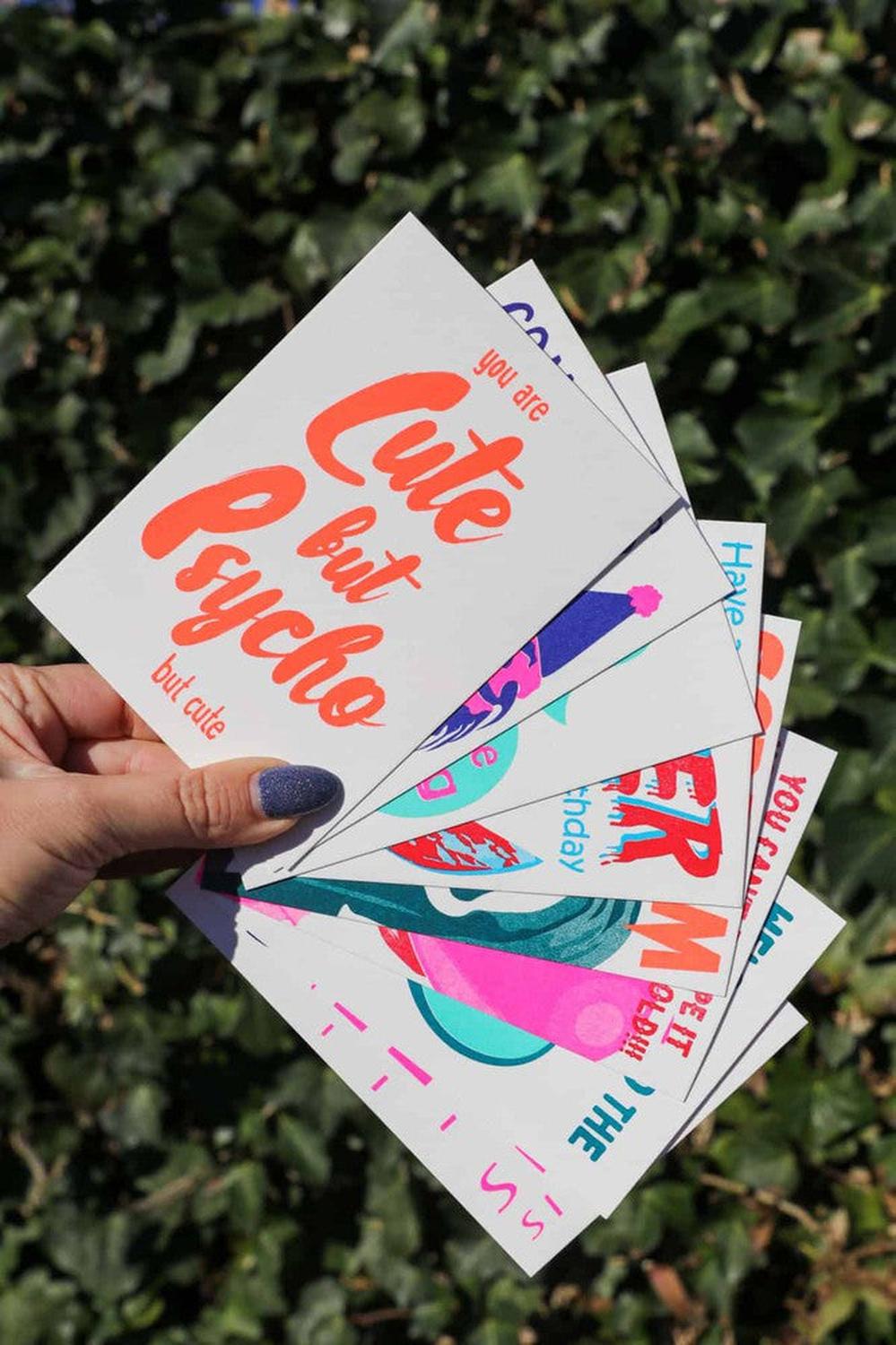 Riso print Cute but psycho but cute-Ansichtkaarten-Fun Riso-Studio Inktvis