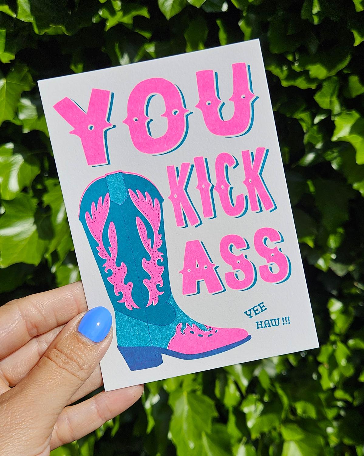Riso print You kick ass Cowboy boots Blue-Ansichtkaarten-Fun-Studio Inktvis