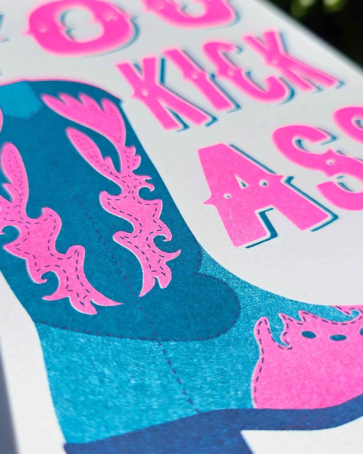 Riso print You kick ass Cowboy boots Blue-Ansichtkaarten-Fun-Studio Inktvis