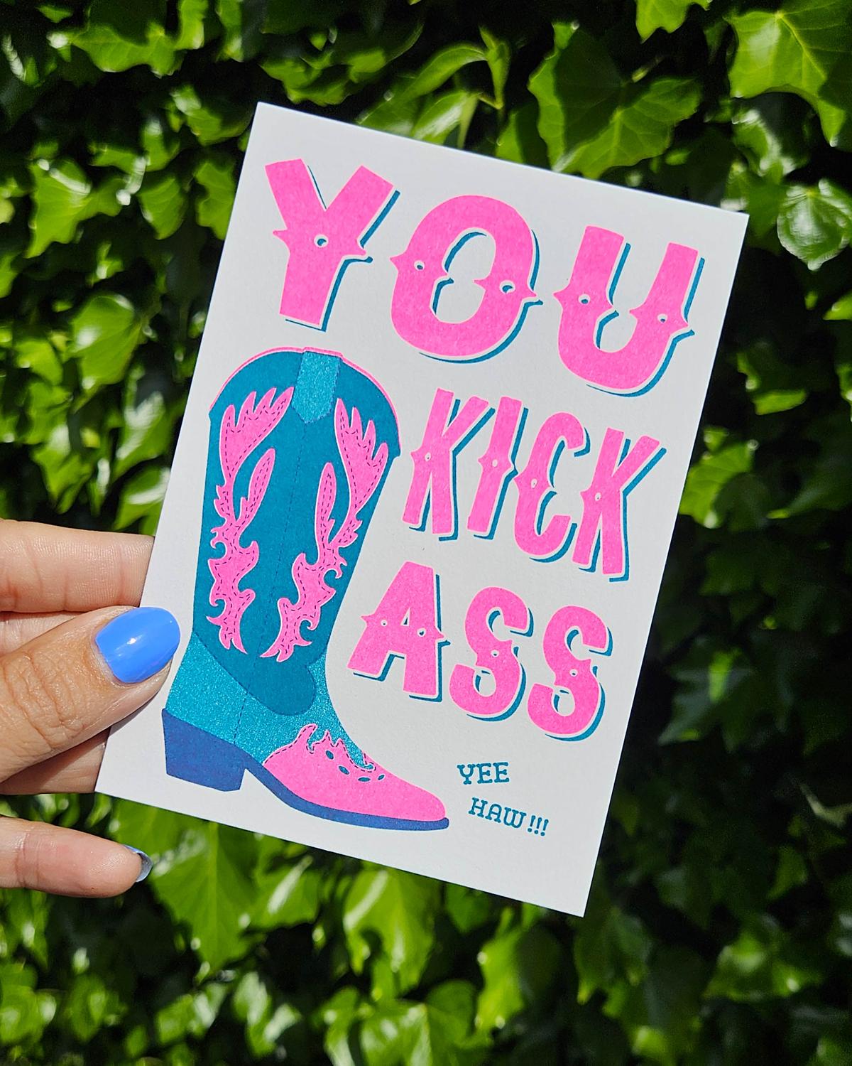 Riso print You kick ass Cowboy boots Blue-Ansichtkaarten-Fun-Studio Inktvis