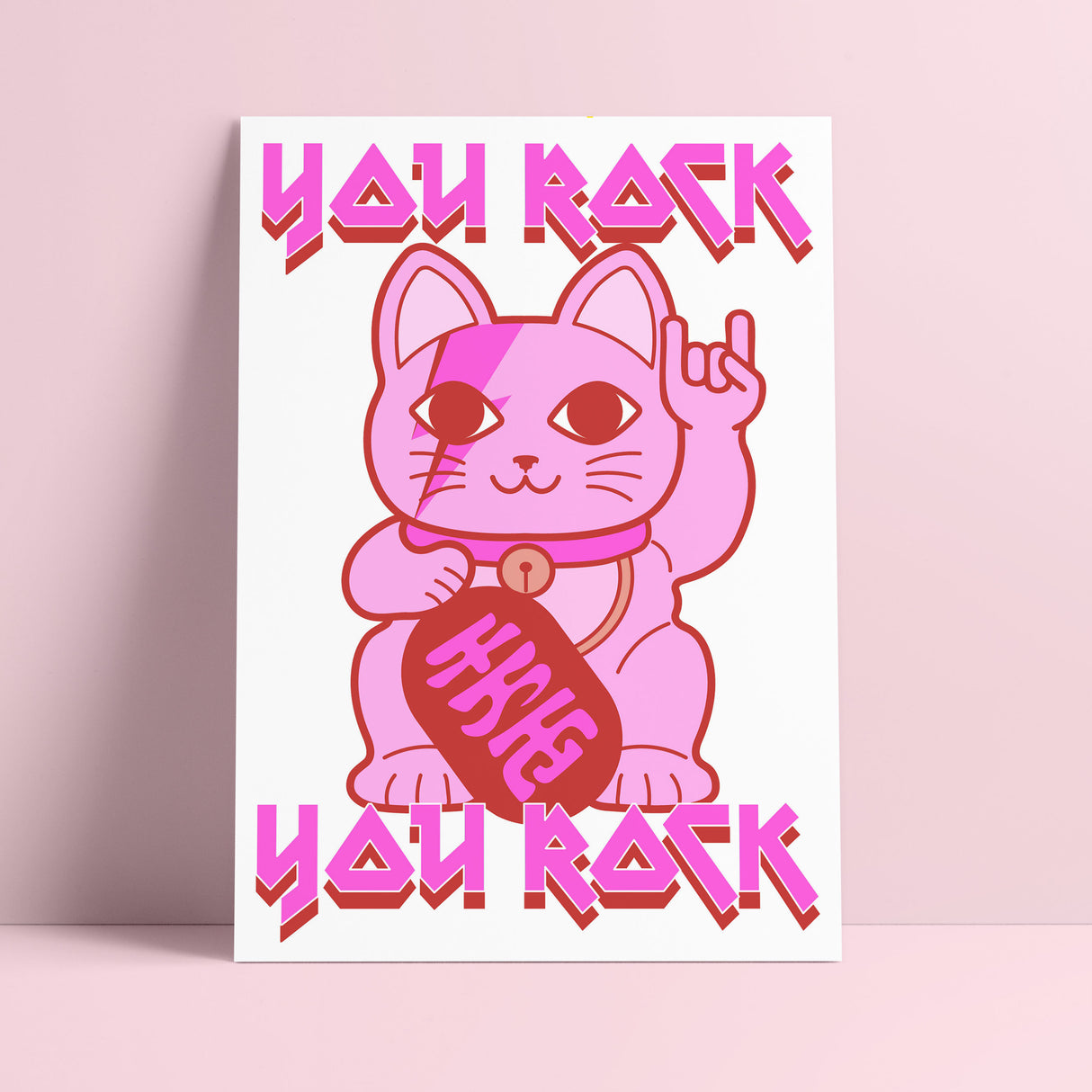 Riso print You rock Lucky cat Maneki neko-Ansichtkaarten-Fun-Studio Inktvis