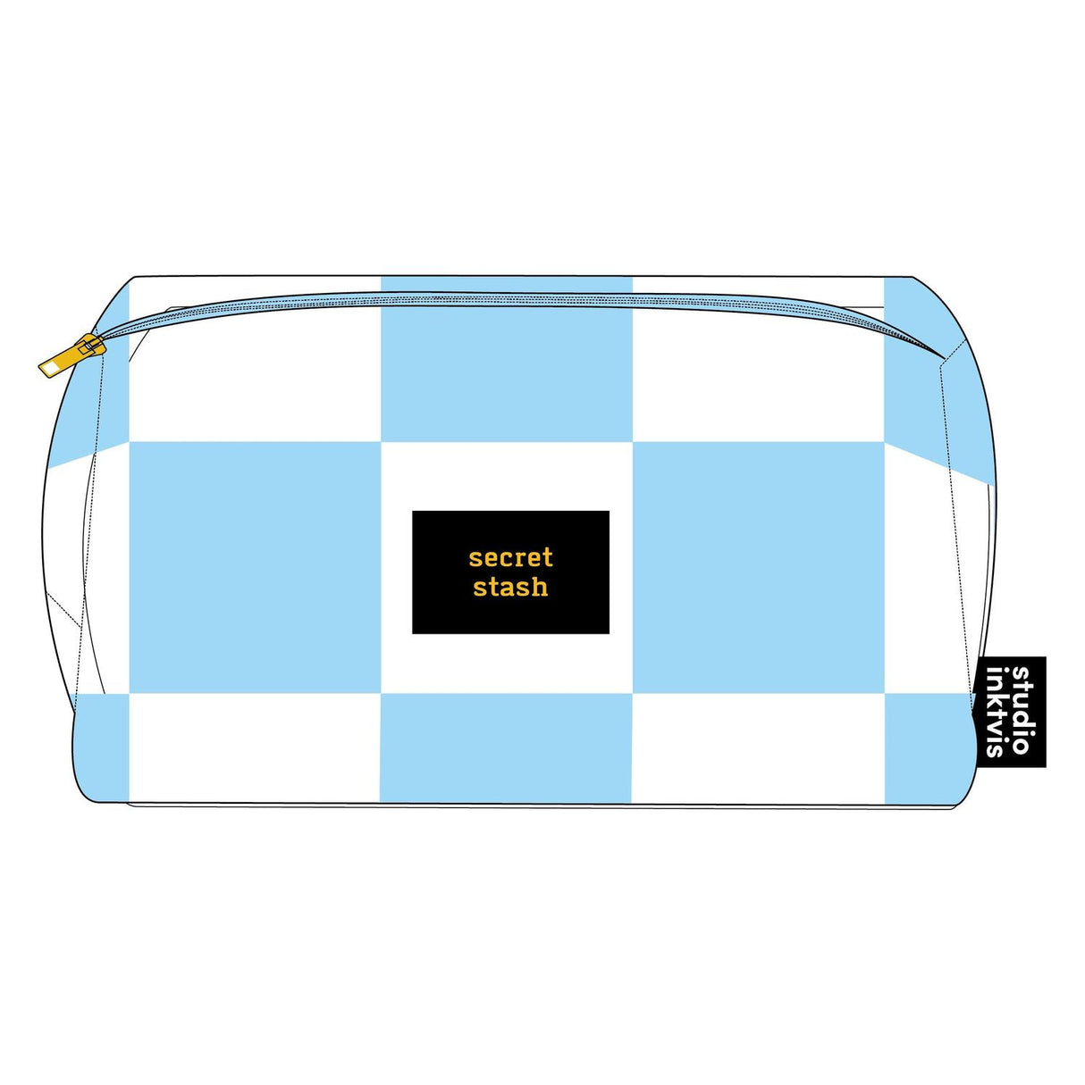 Blauw-wit geruit teddy tasje met de tekst Secret Stash in gouden letters en een rits.