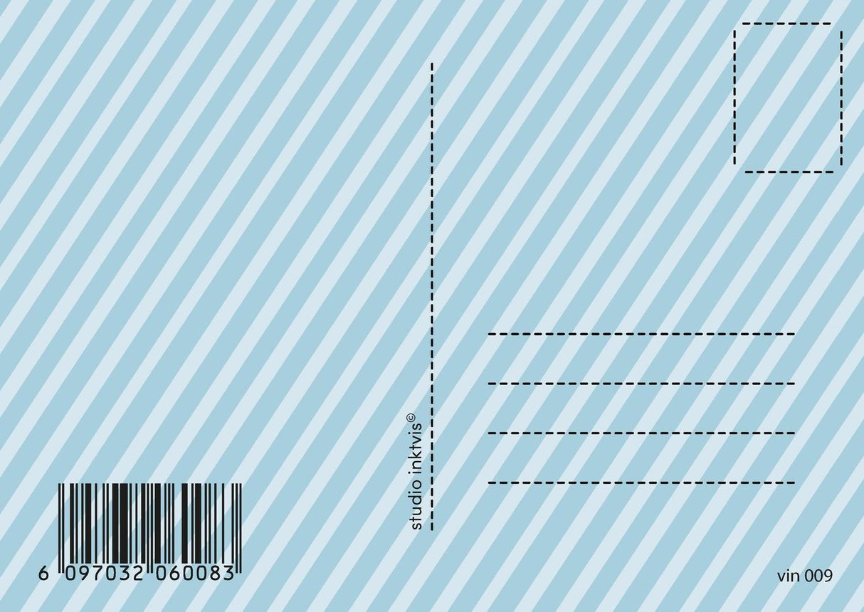 Achterkant van een lichtblauwe vintage geboortekaart met diagonale strepen, adreslijnen en barcode.