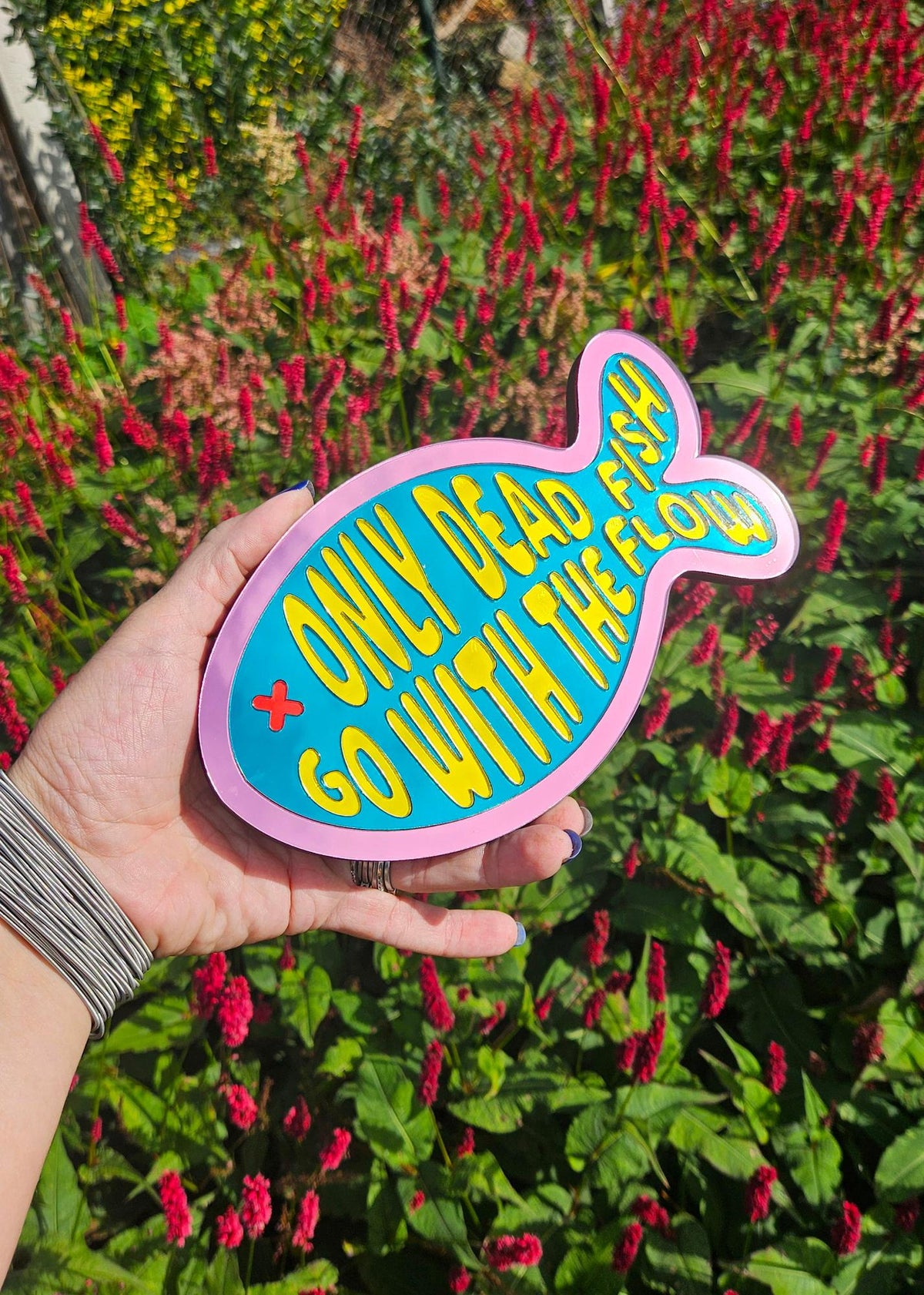 Visvormige spiegel van 20x11,6 cm met roze rand, teal achtergrond, gele letters en rood oogje.
