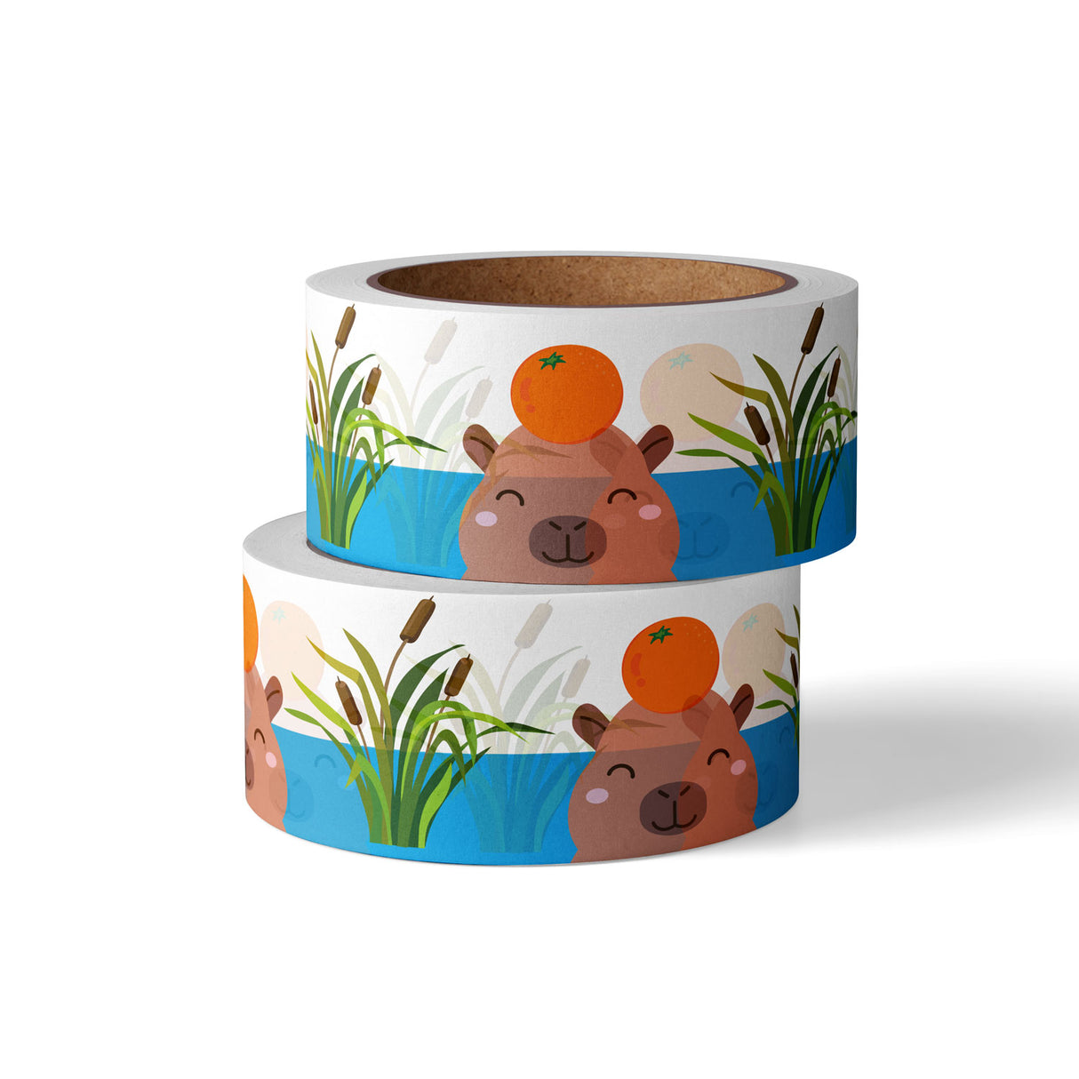 Washi tape met schattige capibara in water, sinaasappel op hoofd, en riet.