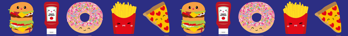 Washi tape met kawaii fastfood: hamburgers, frietjes, donuts, pizza en ketchup op een blauwe achtergrond.