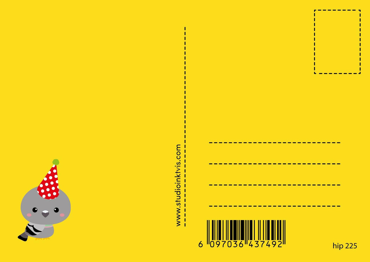Yellow postcard back with a cute grey bird wearing a red polka-dot party hat.