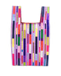 Paarse rPET shopping bag met een kleurrijk Confetti Rain patroon van verticale strepen.
