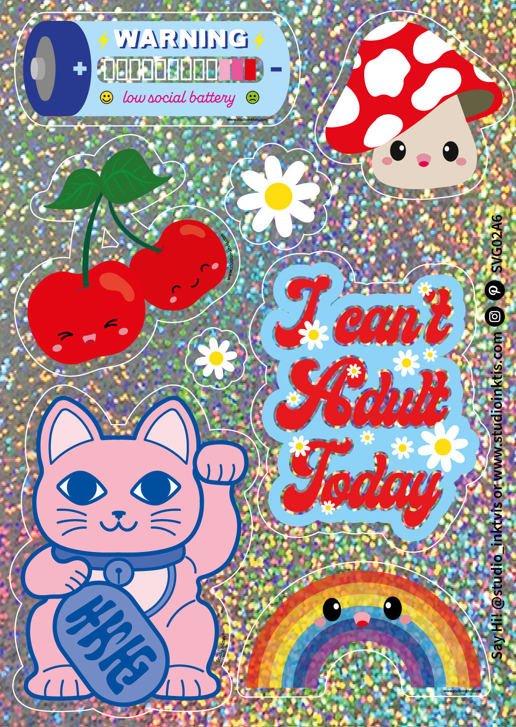 Glitter stickervel Maneki Neko, bloemen en meer-Stickers-Txt-Studio Inktvis