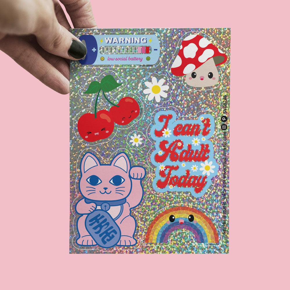 Glitter stickervel Maneki Neko, bloemen en meer-Stickers-Txt-Studio Inktvis