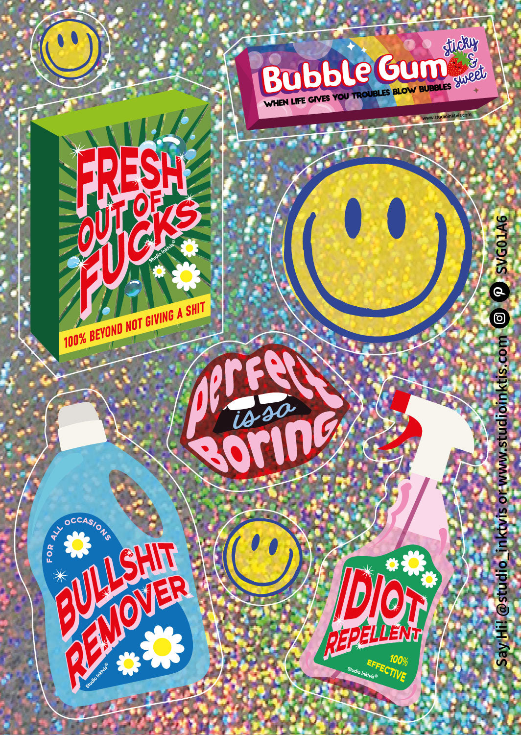 Glitter stickervel Smiley Bullshit remover en meer-Stickers-Txt-Studio Inktvis