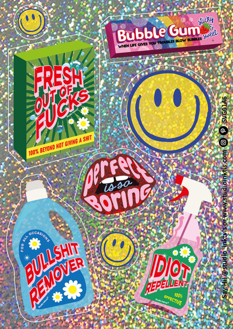Glitter stickervel Smiley Bullshit remover en meer-Stickers-Txt-Studio Inktvis
