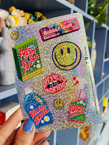 Glitter stickervel Smiley Bullshit remover en meer-Stickers-Txt-Studio Inktvis
