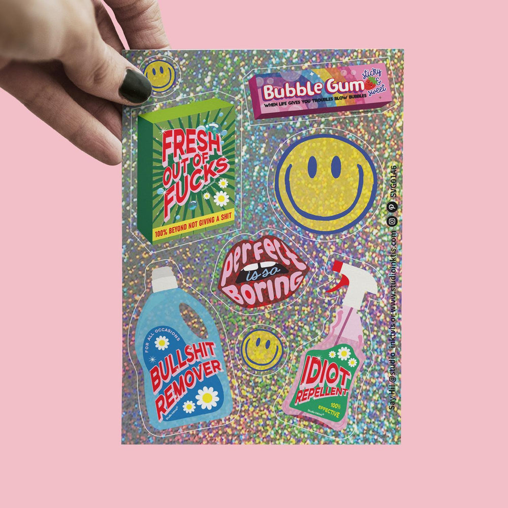 Glitter stickervel Smiley Bullshit remover en meer-Stickers-Txt-Studio Inktvis
