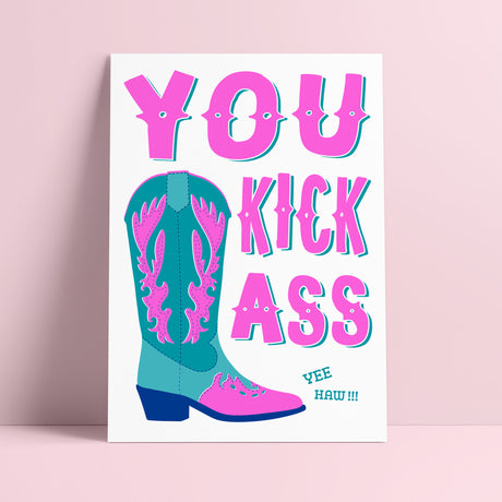 Riso print You kick ass cowboy boots Blue