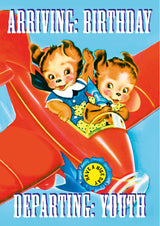 Arriving birthday Departing youth verjaardagskaart met vintage vliegtuig-Ansichtkaarten-Vin-Studio Inktvis
