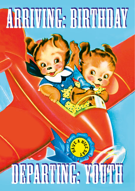 Arriving birthday Departing youth verjaardagskaart met vintage vliegtuig-Ansichtkaarten-Vin-Studio Inktvis