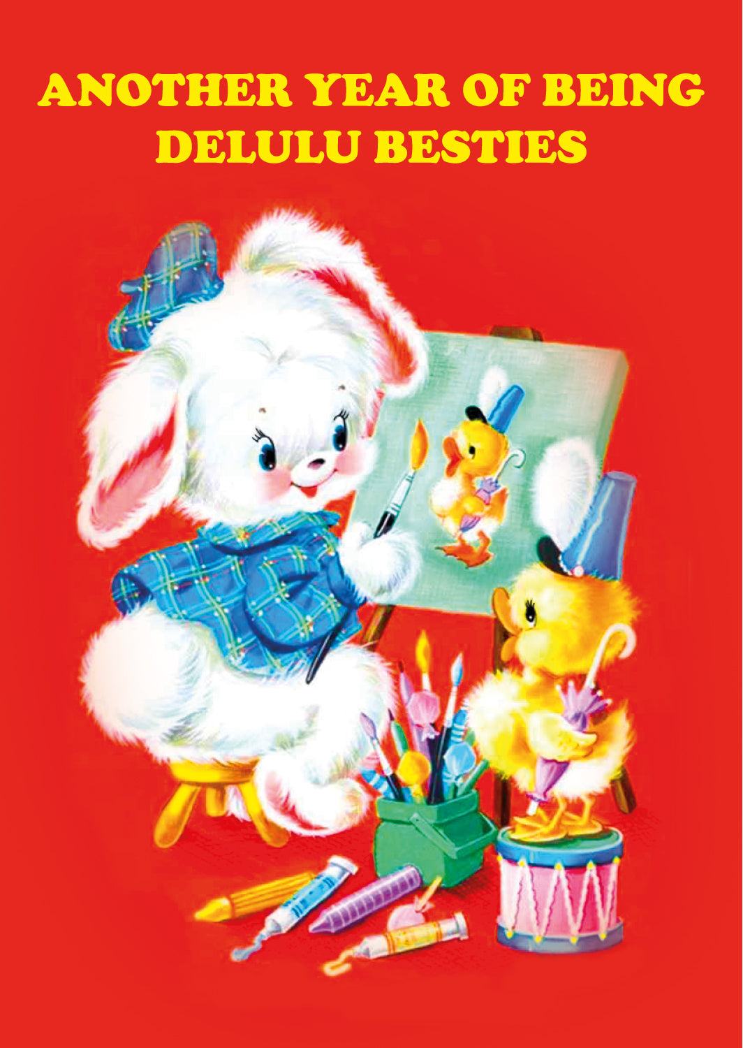 Another year of being delulu besties verjaardagskaart met konijn en eend-Ansichtkaarten-Vin-Studio Inktvis