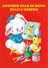 Another year of being delulu besties verjaardagskaart met konijn en eend-Ansichtkaarten-Vin-Studio Inktvis