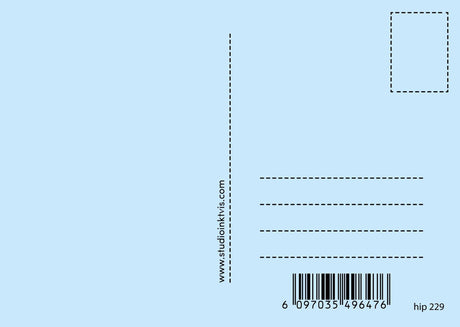 Light blue postcard back with address lines, stamp box, barcode, and "www.studioinktvis.com".