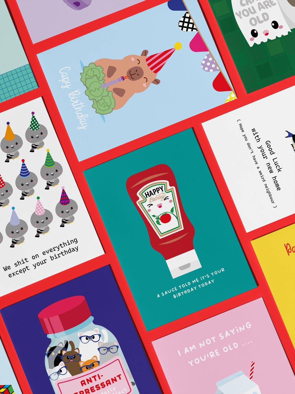 Red ketchup bottle with "Happy Birthday" and "A sauce told me it's your birthday today" on a teal card.