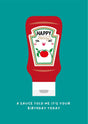Red ketchup bottle with a happy face and "Happy Birthday" on its label, on a teal background.