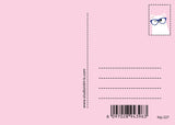 Pink postcard back with a white cat wearing blue glasses, address lines, barcode, and "studioinktvis.com".