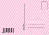 Roze vintage verjaardagskaart achterkant met diagonale strepen, adreslijnen en barcode.