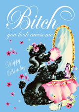 Vintage verjaardagskaart met zwarte poedel in roze rok voor gouden spiegel, tekst "Bitch, you look awesome".
