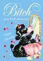 Vintage verjaardagskaart met zwarte poedel in roze rok voor gouden spiegel, tekst "Bitch, you look awesome".