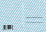 Achterkant van een vintage verjaardagskaart met blauw-witte strepen, barcode en adreslijnen.