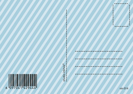 Achterkant van een vintage verjaardagskaart met blauw-witte strepen, barcode en adreslijnen.